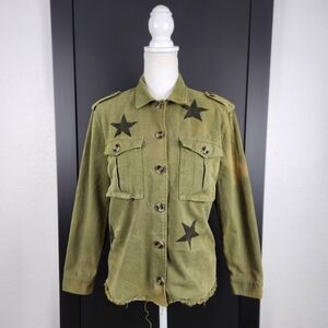 SIX / FIFTY DISTRESSED ARMY UTILITY JACKET WITH STARS & RAW EDGE SIZE SMALL